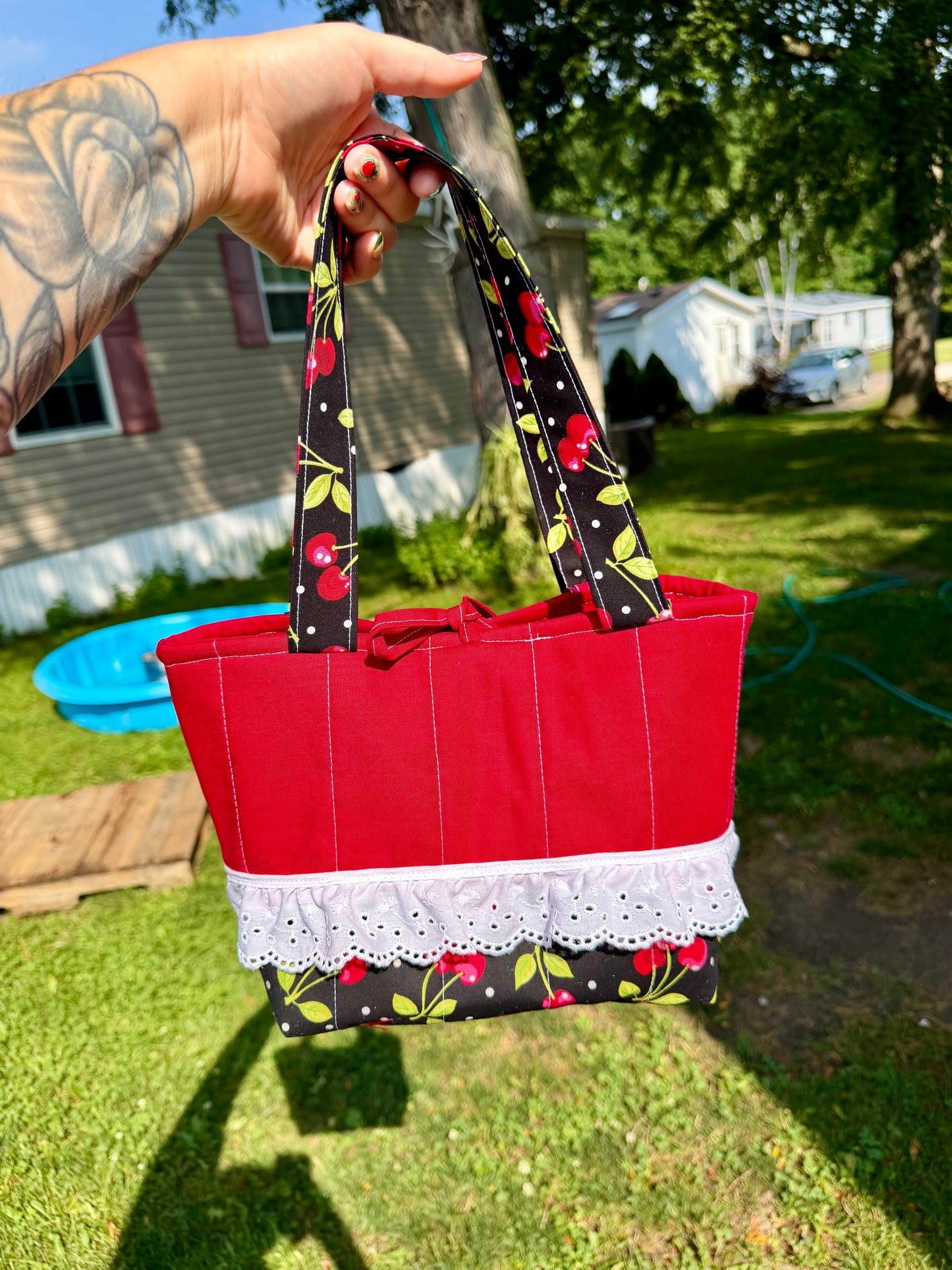 Handmade cherry ruffle tote
