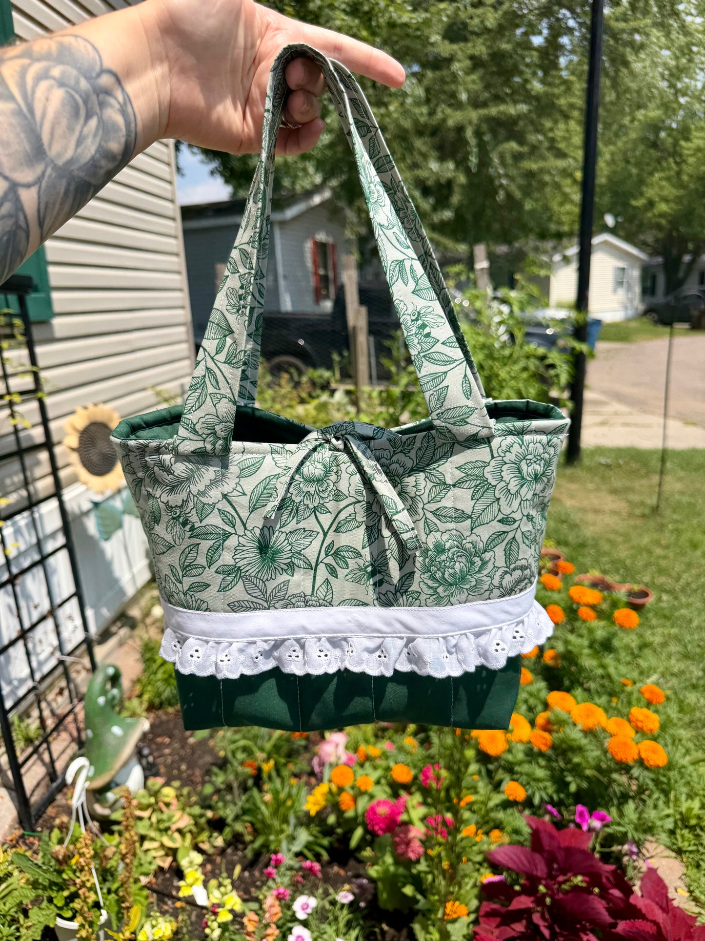 Handmade green ruffle tote