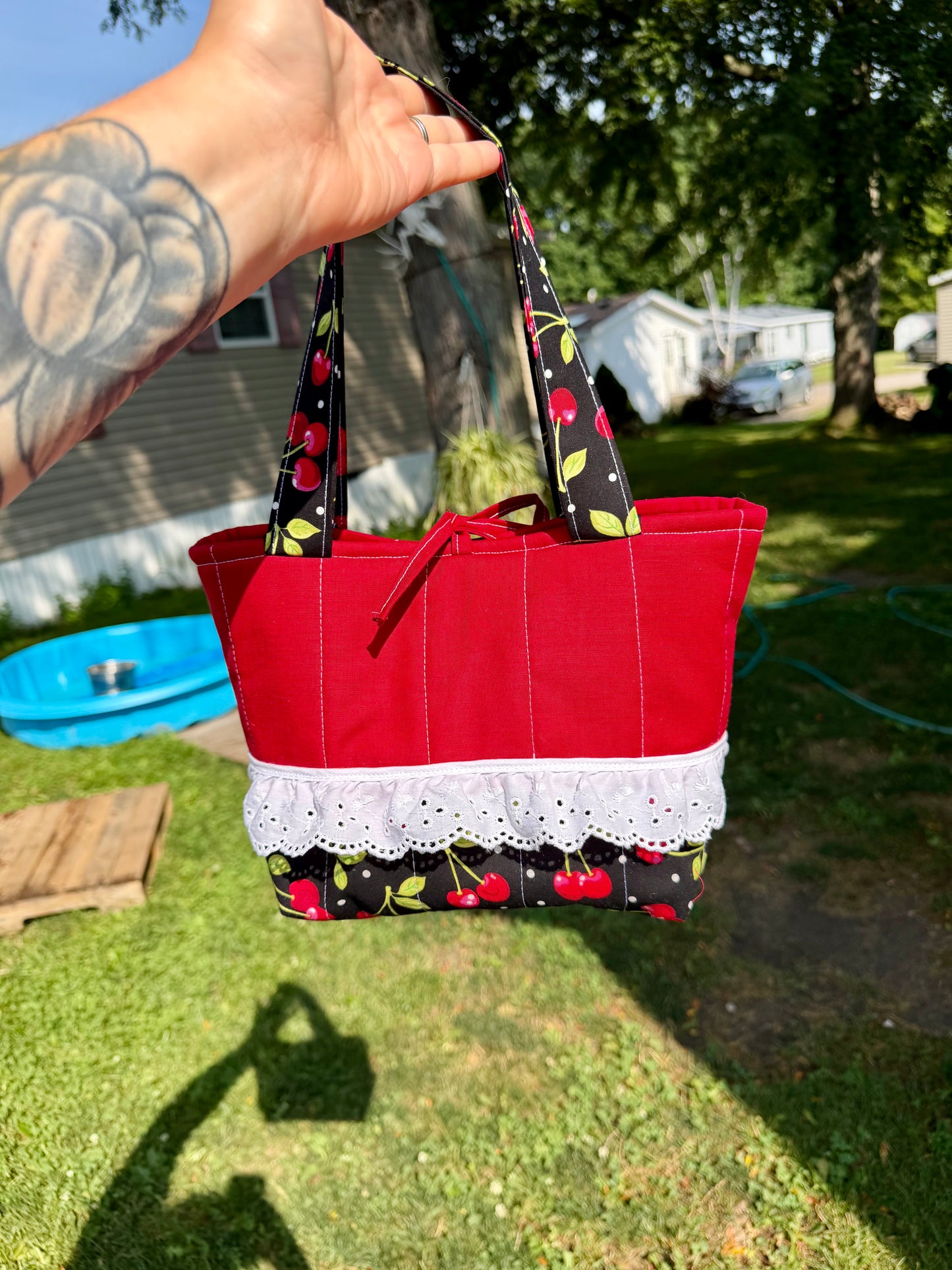 Handmade cherry ruffle tote
